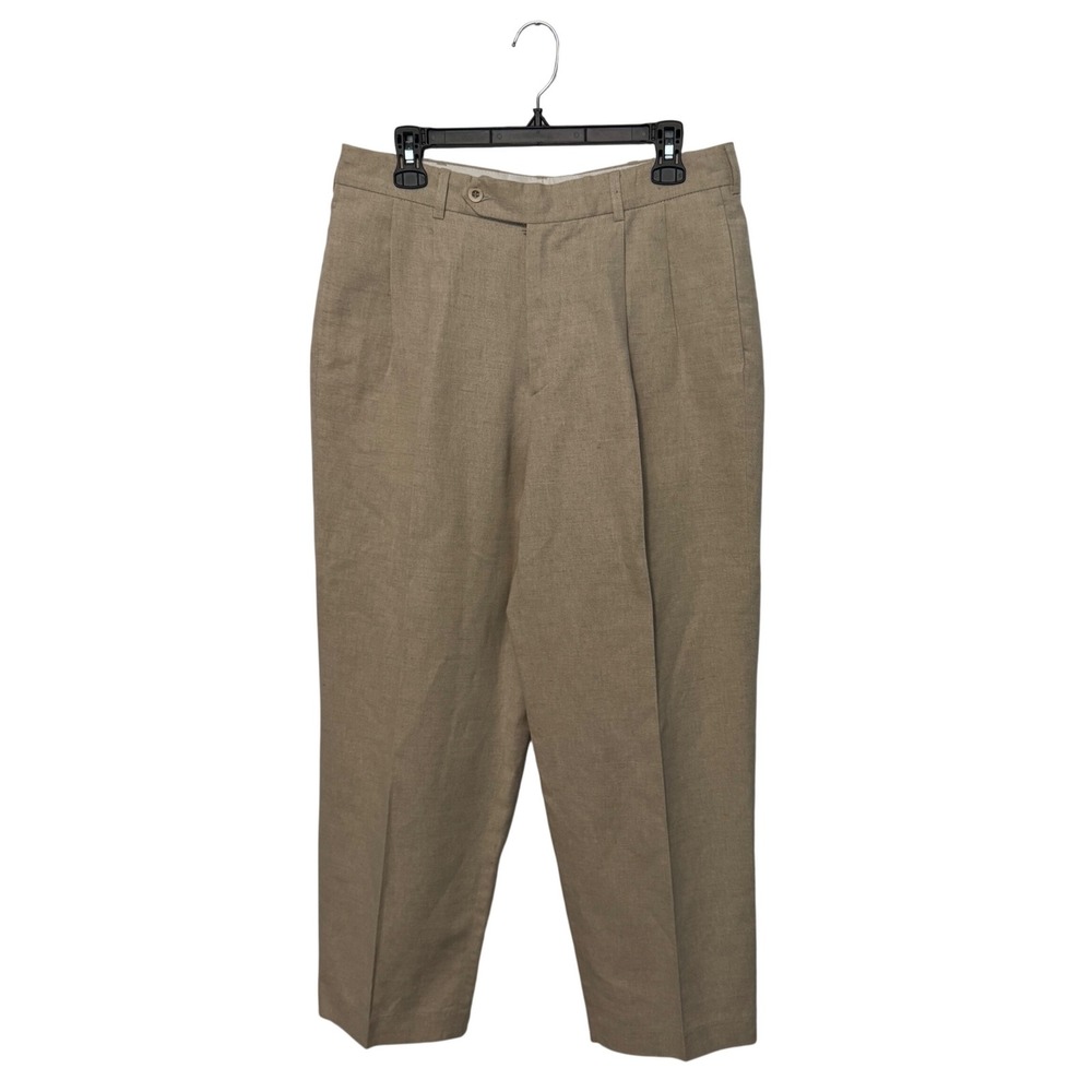 J. Peterman Pleated Pants Mens 34 Tan Linen Cotton Blend Trousers Dress Portugal